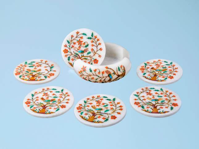 orange-and-green-flower-carved-design-marble-coaster-6-pieces-set