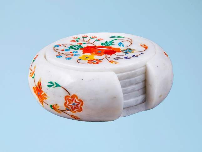 orange-and-yellow-flower-carved-design-marble-coaster-6-pieces-set
